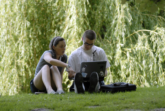 Eine Studentin und ein Student beim gemeinsamen Lernen mit Laptop auf einer Wiese im Sommer